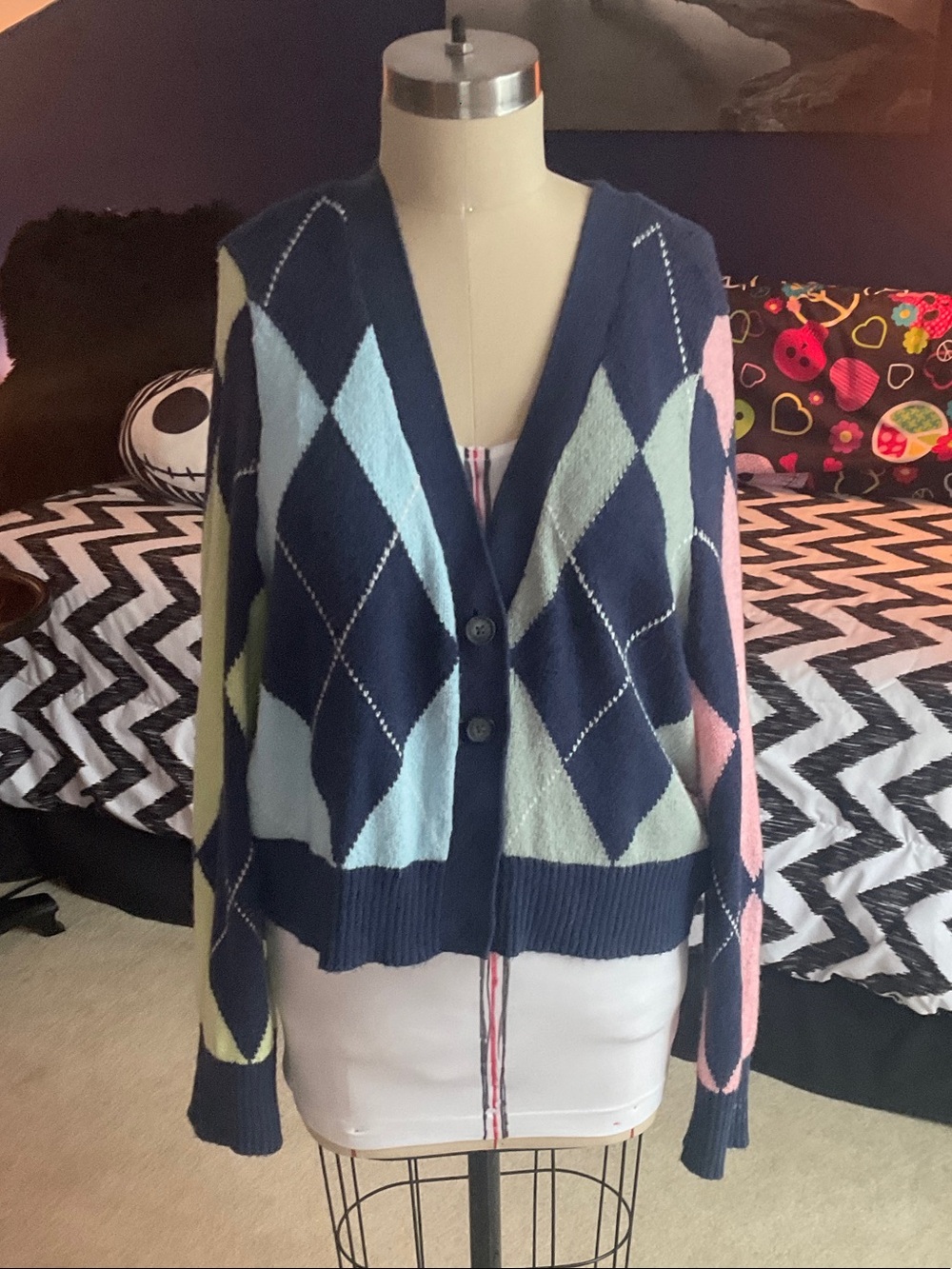 American Eagle Outfitters Navy Argyle Button-Front Cardigan with Pastel Accents